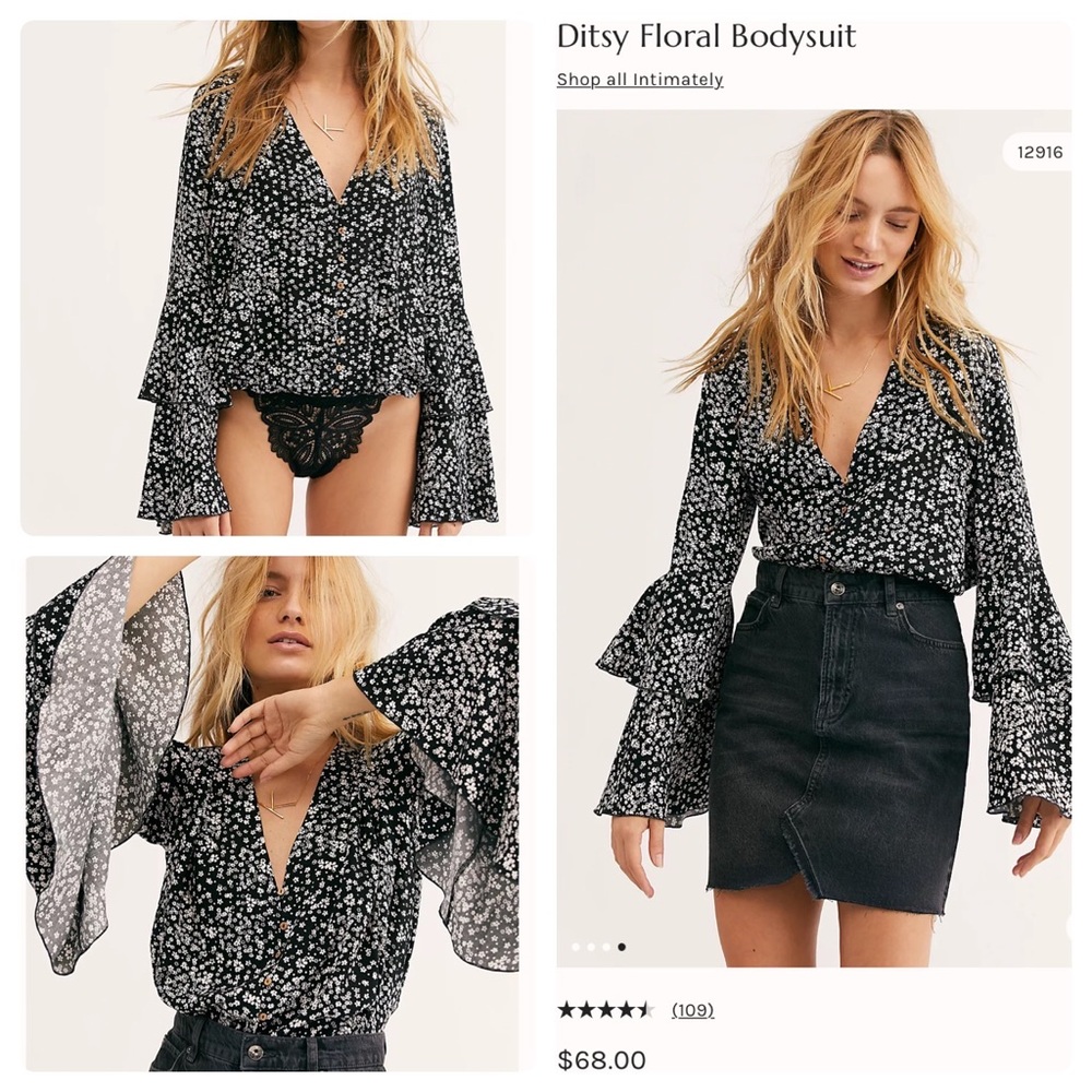 Free People Floral Bodysuit Bell Sleeves Low Cut Black White Size Small